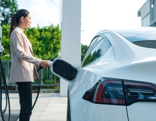 Woman charging electric car at a charging station