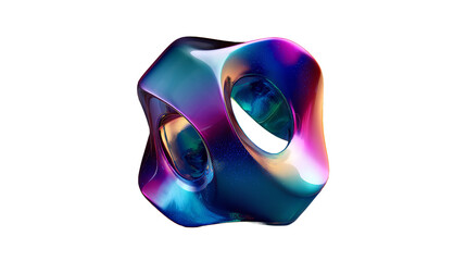 Iridescent organic 3D shape with holes isolated on transparent background