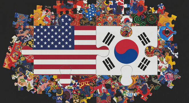 American and Korean flags joined by puzzle pieces, surrounded by diverse cultural imagery.