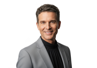 Smiling man in gray suit posing for portrait photography with transparent background for design and editing needs isolated on transparent background