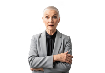 Surprised senior businesswoman with arms crossed in gray suit - shocked expression, bald head, isolated on transparent background