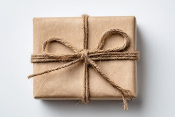 A brown paper package is tied with string.
