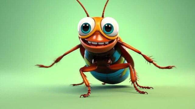 Cartoon bug with large eyes and a happy expression, against a light green background