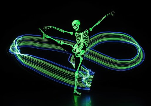 Photo of a glowing skeleton strikes a pose amidst swirling light trails, creating a mesmerizing dance of life and death, perfect for halloween night