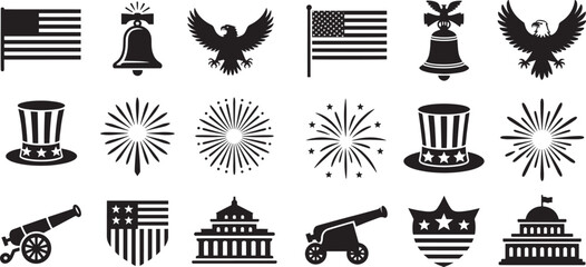 American patriotic symbols including flag bell eagle hat cannon and building vector