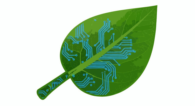 Conceptual digital art of a plant leaf with electronic pathways symbolizing biotechnology and eco-friendly solutions