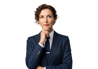 Thoughtful businesswoman in suit looking upward stock photo for professional use and design projects isolated on transparent background