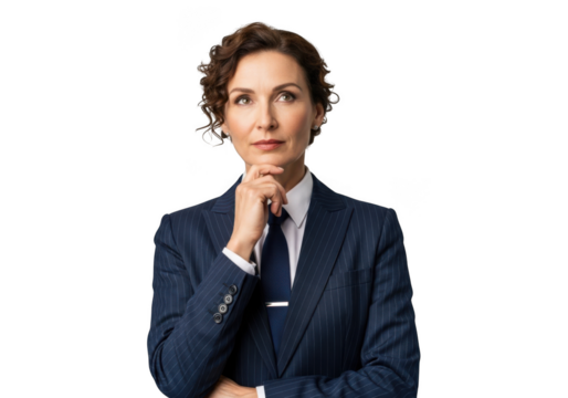 Thoughtful businesswoman in suit looking upward stock photo for professional use and design projects isolated on transparent background