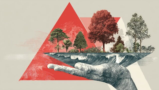 A hand cradles a miniature landscape of diverse trees on a wave-tossed sea, set against a geometric, earthy-toned background