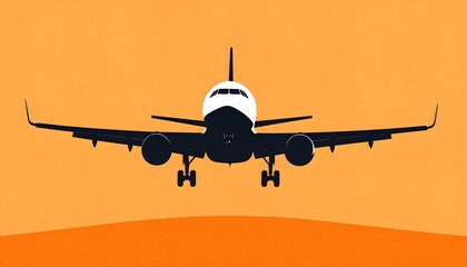 Naklejka premium Airplane landing silhouette on orange background, front view, landing gear extended