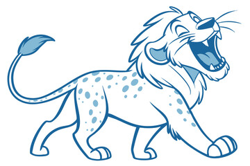 Cartoon Style Roaring Lion with Blue Outline and Spots on White Background