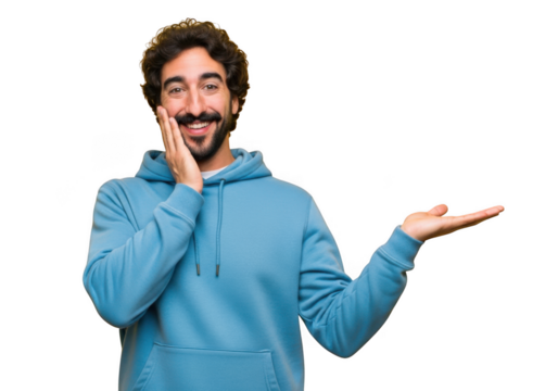 Smiling man in blue hoodie presenting with open palm png image download stock photo, isolated on transparent background