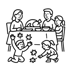 Vector art of a happy family enjoys a thanksgiving dinner with a roasted turkey on the table, while two children play with autumn leaves on the floor