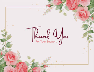 Elegant Floral Thank You Card with Pink Roses and Green Leaves