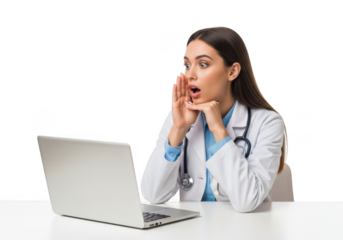 Surprised female doctor with laptop whispering secret, medical professional sharing news, healthcare worker isolated on transparent background