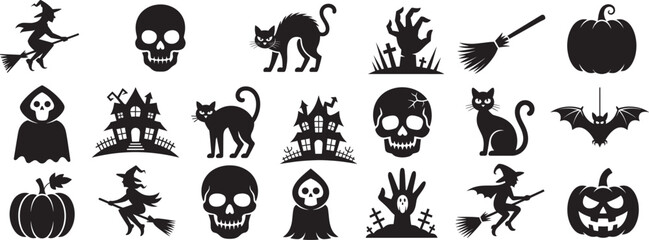 Obraz premium Halloween witches skulls cats grim reapers haunted houses pumpkins bats vector