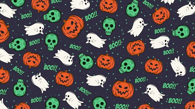 Seamless looping Halloween animation in 4K featuring cute ghosts, green skulls, pumpkins, and "Boo!!" text on a dark dotted background. Perfect for party visuals, spooky intros, and festive overlays.