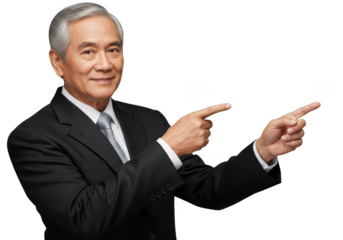 Mature businessman in suit pointing with two hands stock photo, business professional, presentation, isolated on transparent background