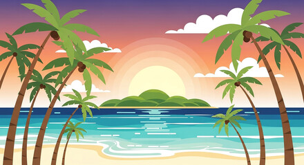 Fototapeta premium Vibrant tropical island sunset with palm trees and ocean waves
