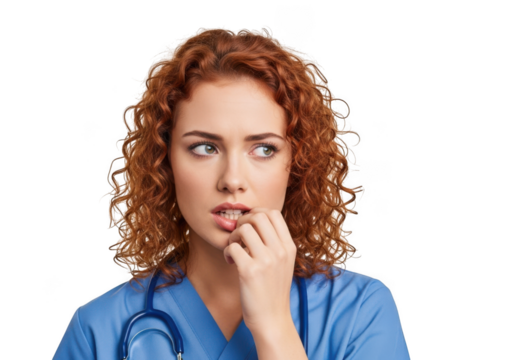 Worried redhead nurse biting nails looking sideways with stethoscope png image for medical designs isolated on transparent background