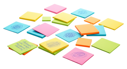 Illustration of colorful square sticky notes scattered on a transparent background