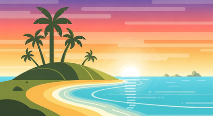 Tropical island paradise at sunset with palm trees and ocean waves