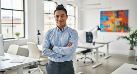 A man in a blue shirt standing in an office with his arms crossed.