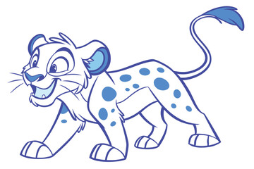 Cartoon Style White Lion Cub with Blue Spots on White Background
