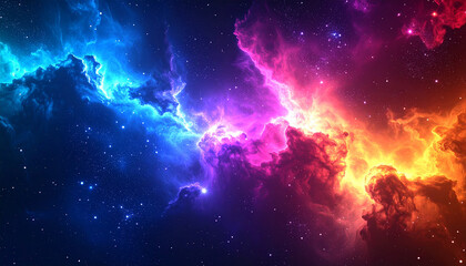 Fototapeta premium Colorful cosmic nebula with glowing stars and deep galaxy background, detailed outer space design, dreamy and vibrant. No people.