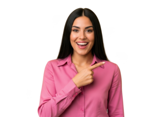 Smiling brunette woman in pink shirt pointing right presentation marketing isolated on transparent background