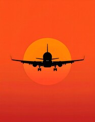 Airplane silhouette against a vibrant orange sunset, landing gear visible