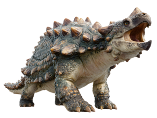 Detailed Ankylosaurus dinosaur with open mouth, showcasing ancient reptile's textured skin and formidable armor