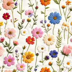 Seamless embroidered  Floral Symphony: A vibrant, colorful illustration of various wildflowers, artfully arranged to create a harmonious display of nature's beauty.