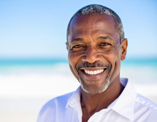 black american african man portrait of afro mature handsome guy smiling face front paradise sea beach island coast background