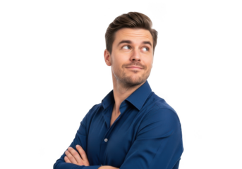 Handsome man looking upwards in blue shirt with arms crossed portrait png image stock photo isolated on transparent background