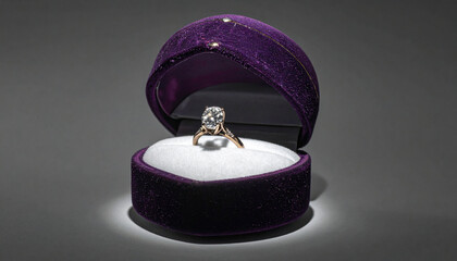 Elegant engagement ring with a large sparkling diamond set in a gold band, showcased within a sophisticated purple velvet gift box