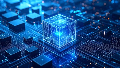 A glowing, abstract digital cube sits on a futuristic blue circuit board, representing advanced technology and data processing.
