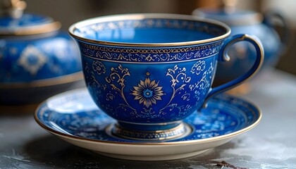 Detailed ornate blue teacup and saucer with gold floral patterns on a stone-like surface.