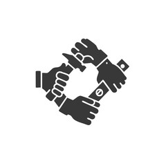 Obraz premium A powerful silhouette graphic depicting four hands collaboratively holding construction tools, symbolizing unity, skilled craftsmanship, and collective effort in projects.