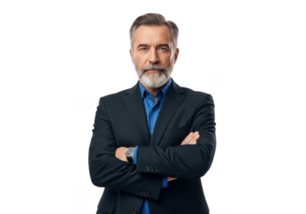 Professional businessman with beard in suit arms crossed portrait stock photo image, man isolated png isolated on transparent background