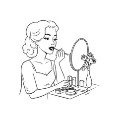 Black and white line art of a beautiful woman doing makeup at dressing table with mirror illustration
