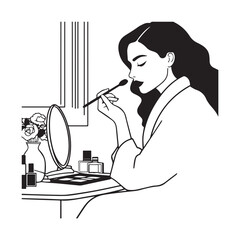 Black and white line art of a beautiful woman doing makeup at dressing table with mirror illustration
