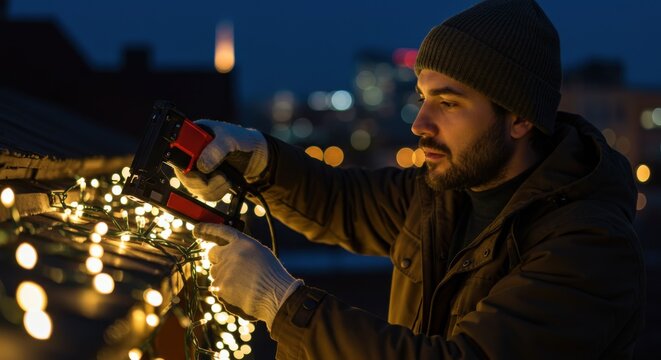 Man installing Christmas lights on rooftop with staple gun at night. Holiday decoration and home adornment concept for winter celebration.