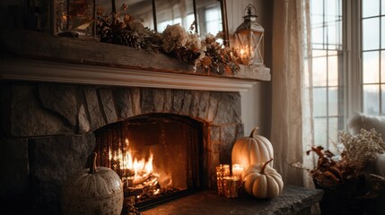 Obraz premium A Cozy Autumn Hearth with a Roaring Fire, Rustic Decor, and Glowing Pumpkins