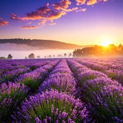 Beautiful Lavender Fields at Sunrise.