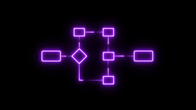 Glowing neon Simple modern template for process flow diagram. Flat infographic design for website or data presentation. Business process flowchart, implement and improve on virtual screen. process 