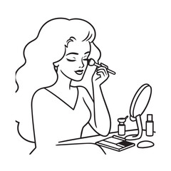 Black and white line art of a beautiful woman doing makeup at dressing table with mirror illustration
