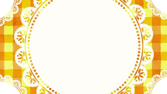 レトロな白いレースとイエローオレンジチェック柄のテーブルクロスのおしゃれ背景