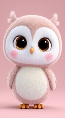 Fototapeta premium Adorable Pink Fluffy Cartoon Owl with Large Expressive Eyes