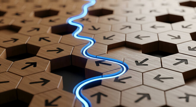 Finding the right path through complex choices with glowing blue energy